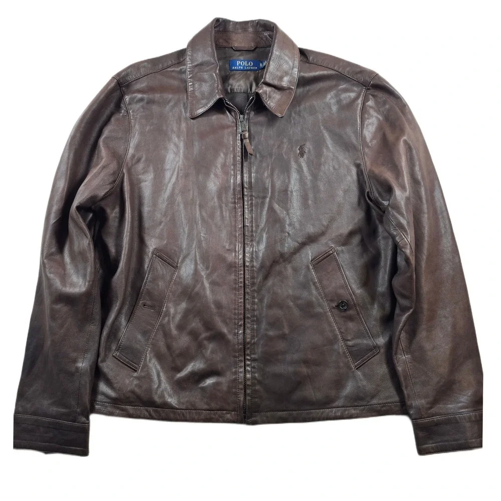 Polo Ralph Lauren Lamb Leather Jacket Mens XL Brown Lightweight Bi-Swing Pony